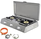 NSD-3C Hochwertiger Edelstahl Gaskocher 3 flammig mit Deckel mit Zündsichrung Propan Campingkocher Gasherd WOK Hockerkocher inkl. Gasschlauch-Regler Set
