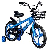 Dripex Kinderfahrrad 16 Zoll ab 4-8 Jahre Jungen & Mädchen Fahrrad für Kinder Laufrad mit Korb, Handbremse und Rücktritt Stützräder, Blau