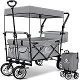 KESSER® Bollerwagen faltbar GT9000 mit Dach Handwagen Transportwagen | inkl. 2X 3-Punkt Gurtsystem| klappbar | Vollgummi-Reifen | bis 80 kg | Vorder- und Hinter-Bremse | + Tragetasche, Grau